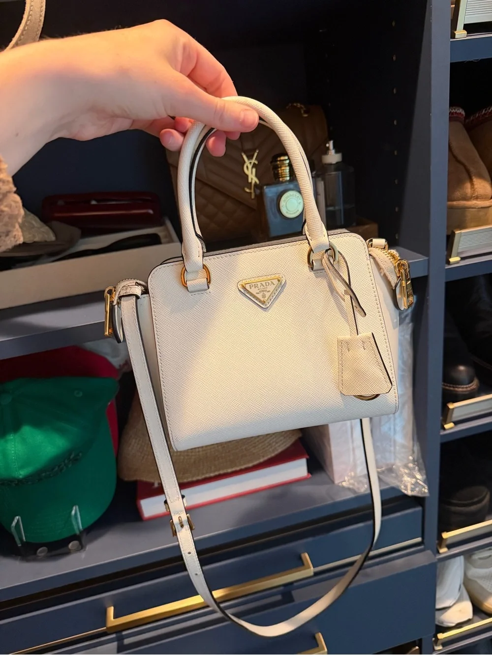 Prada Cream Saffiano Leather Mini Satchel with Gold Hardware